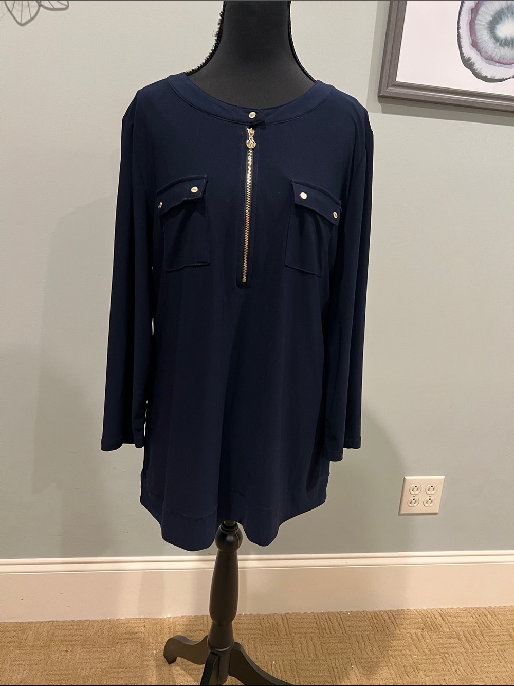 Anne Klein Navy Long-Sleeve Zip Front Tunic with Gold Accents